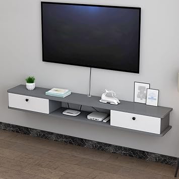 Floating Tv Stand Cabinet Floating Tv Stand Cabinet,Wire Hole Design Wood Multimedia Storage Shelf with 2 Drawer,for Living Room Entertainment Room Office,Gray,120Cm