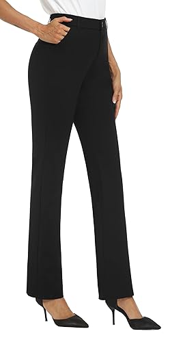iChosy Women's Stretchy Straight Leg Dress Work Pants Business Office Casual Slacks with Pockets - 18 Short - Black