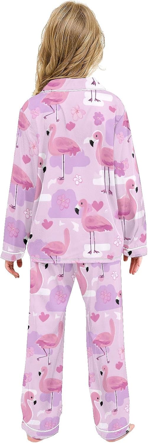 Kids Casual Satin Wear Set Purple Flamingo Heart Pattern Unisex Relaxed Fit Clothing