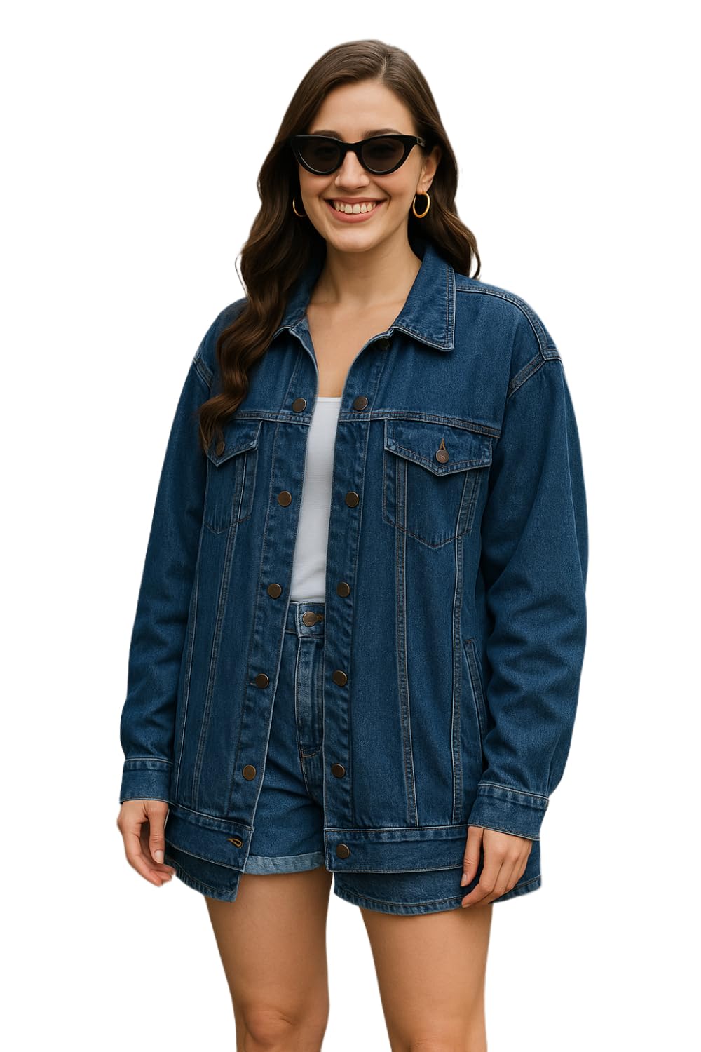 Women's Denim Blend Solid Loose Fit Standard Length Jacket