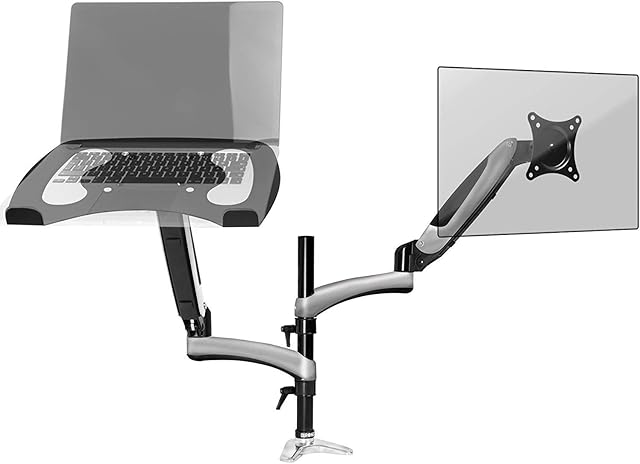 Duronic Desk Mount DM65L1X1, Dual Gas-Powered Monitor Stand for 15-27 Inch Screen, Laptop, Twin Arms, Adjustable Support, VESA 75/100 Bracket, Tilt 15-27-90°/+85° Swivel 180°Rotate 360°