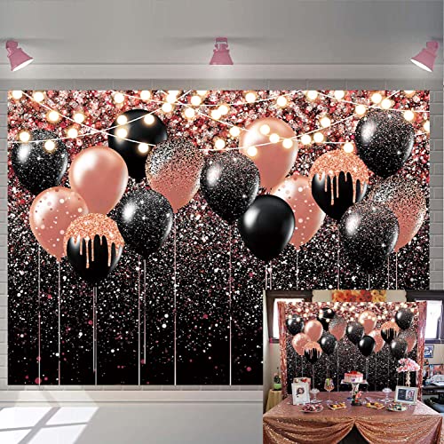 2024 Graduation Backdrop Rose Gold and Black Glitter Backdrop for Birthday Wedding Prom Party Photography Background Glitter Rose Gold Balloon Party Decorations Photo Booth (7X5FT)
