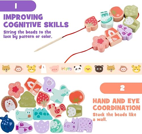 Miniatura 5 de LOVESTOWN Cuentas de cordones de madera, 67 cuentas de cuerda grandes con cordones de animales, juguete Montessori para niños pequeños, regalos de