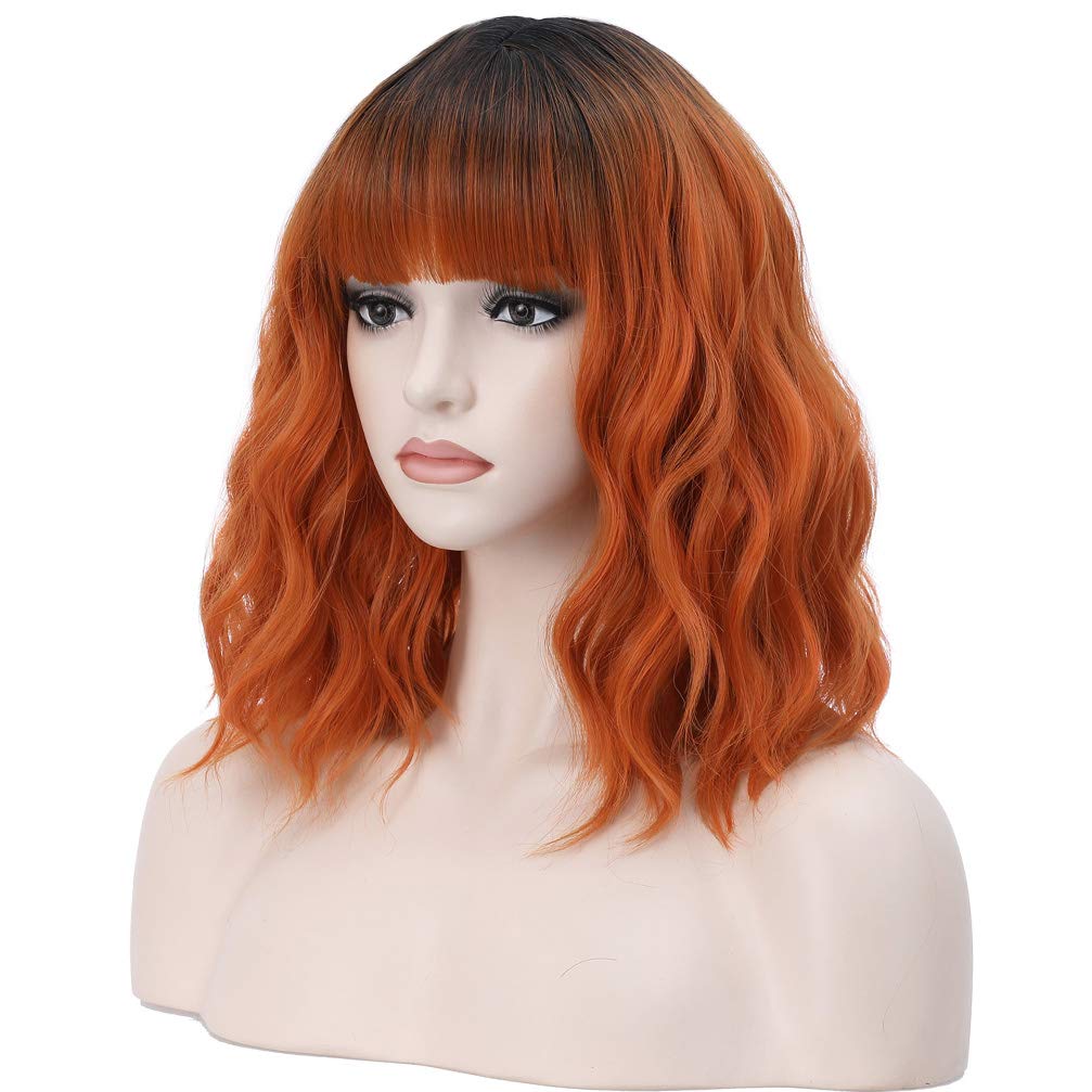 BERON 14 Inches Black Orange Ombre Wig Short Curly Wig with Bangs Orange Wig Synthetic Wigs Women Girls Ombre Wig with Wig Cap