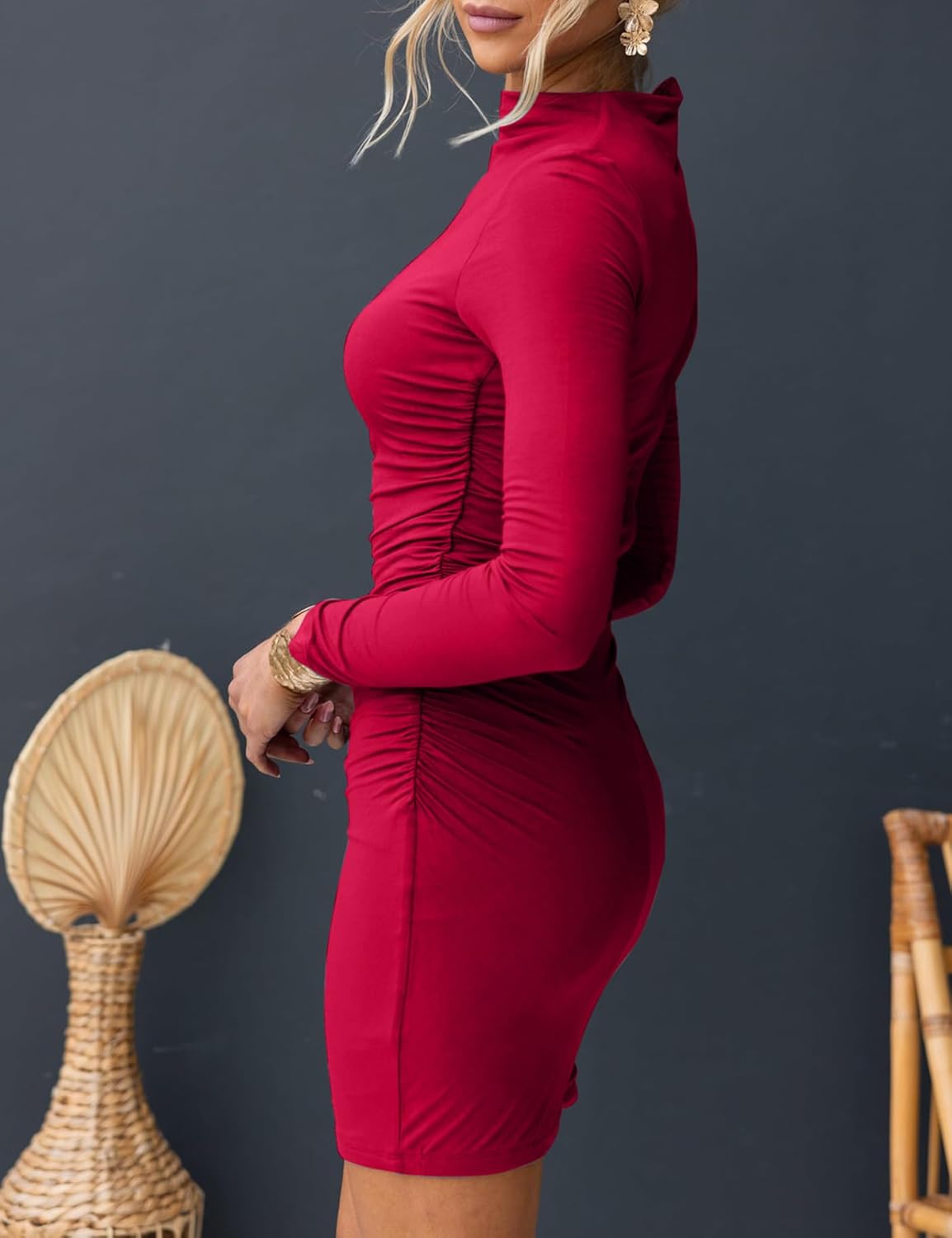 OWIN Women's Sexy Casual Mock Neck Dresses Long Sleeve Ruched Bodycon Cocktail Party Mini Dress - Image 3