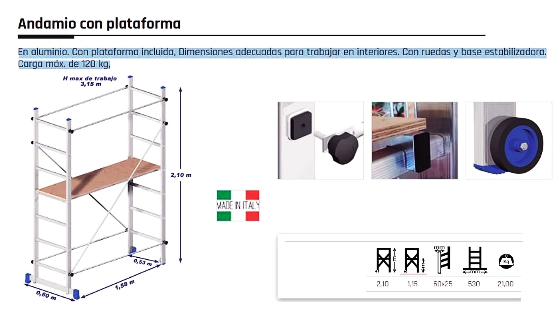 Bricoloco Andamio de Aluminio Profesional con Plataforma y Base antivuelco. Andamio Escalera de peldaños Antideslizantes.