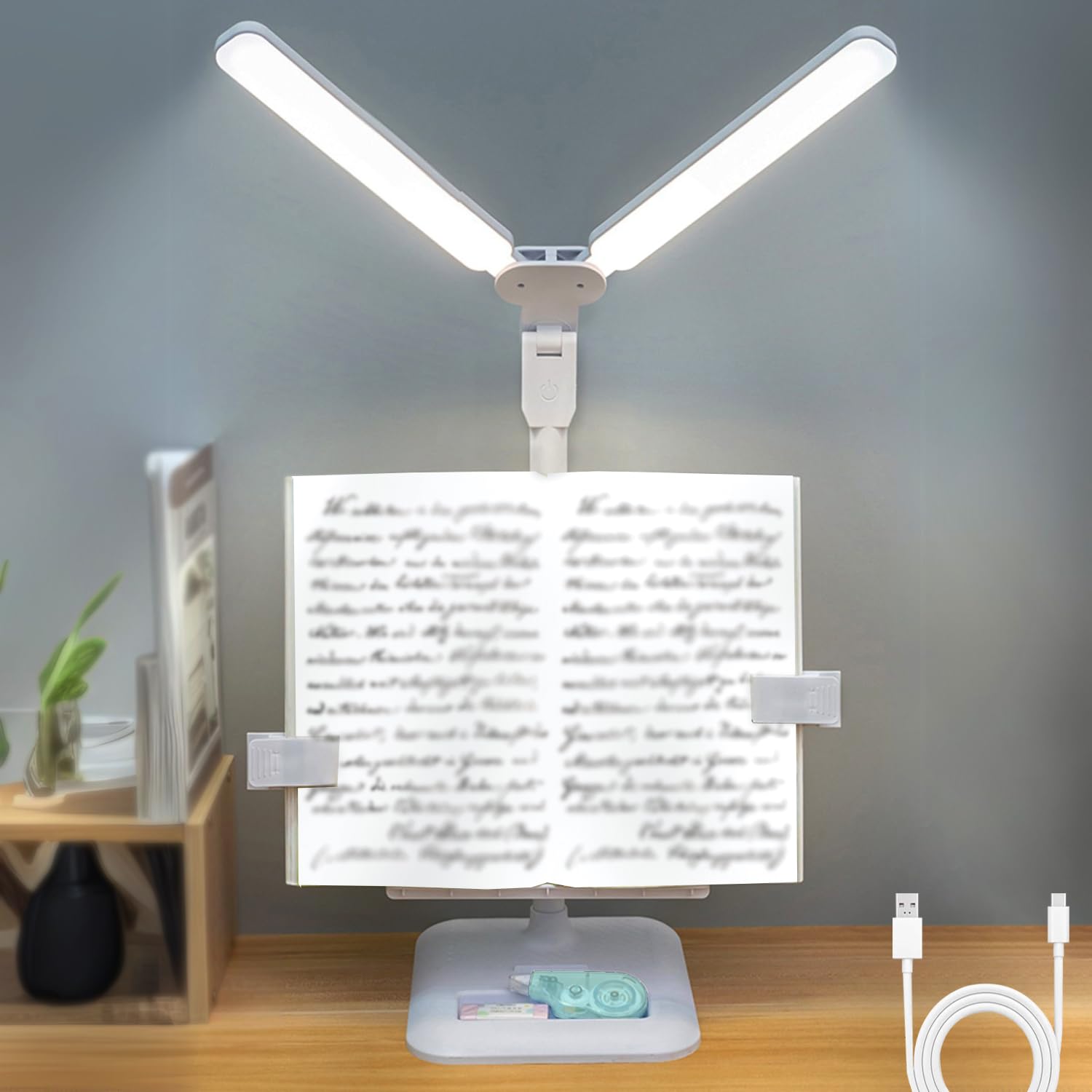 KZT Lampa biurkowa LED z podwójną głowicą, akumulatorowa/bezprzewodowa lampa stołowa, 3 bezprzewodowe ściemnianie jasności, lampka nocna, przenośna składana, lampa dotykowa, do czytania, nauki