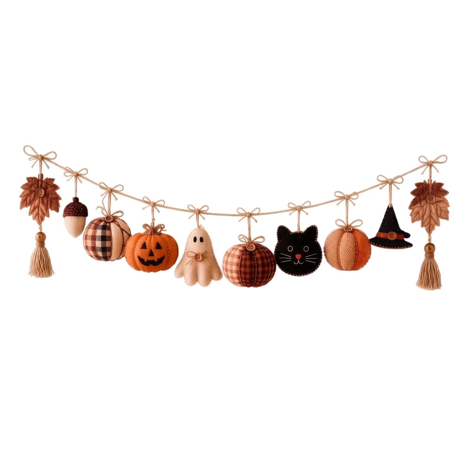 Cozy Fall Halloween Fabric Garland, Pumpkin Ghost Black Cat Decor