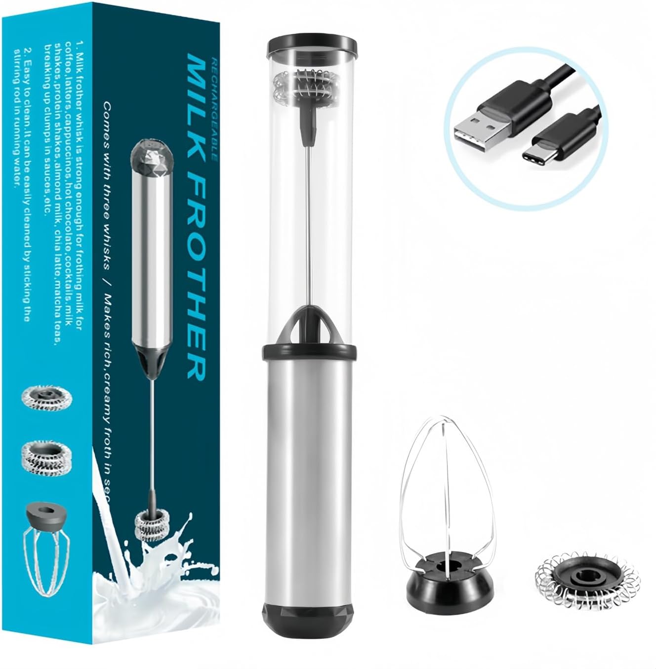 Milk Frother Rechargeable Handheld – Electric Whisk/Frother Wand for Coffee, Matcha, Latte, Cappuccino