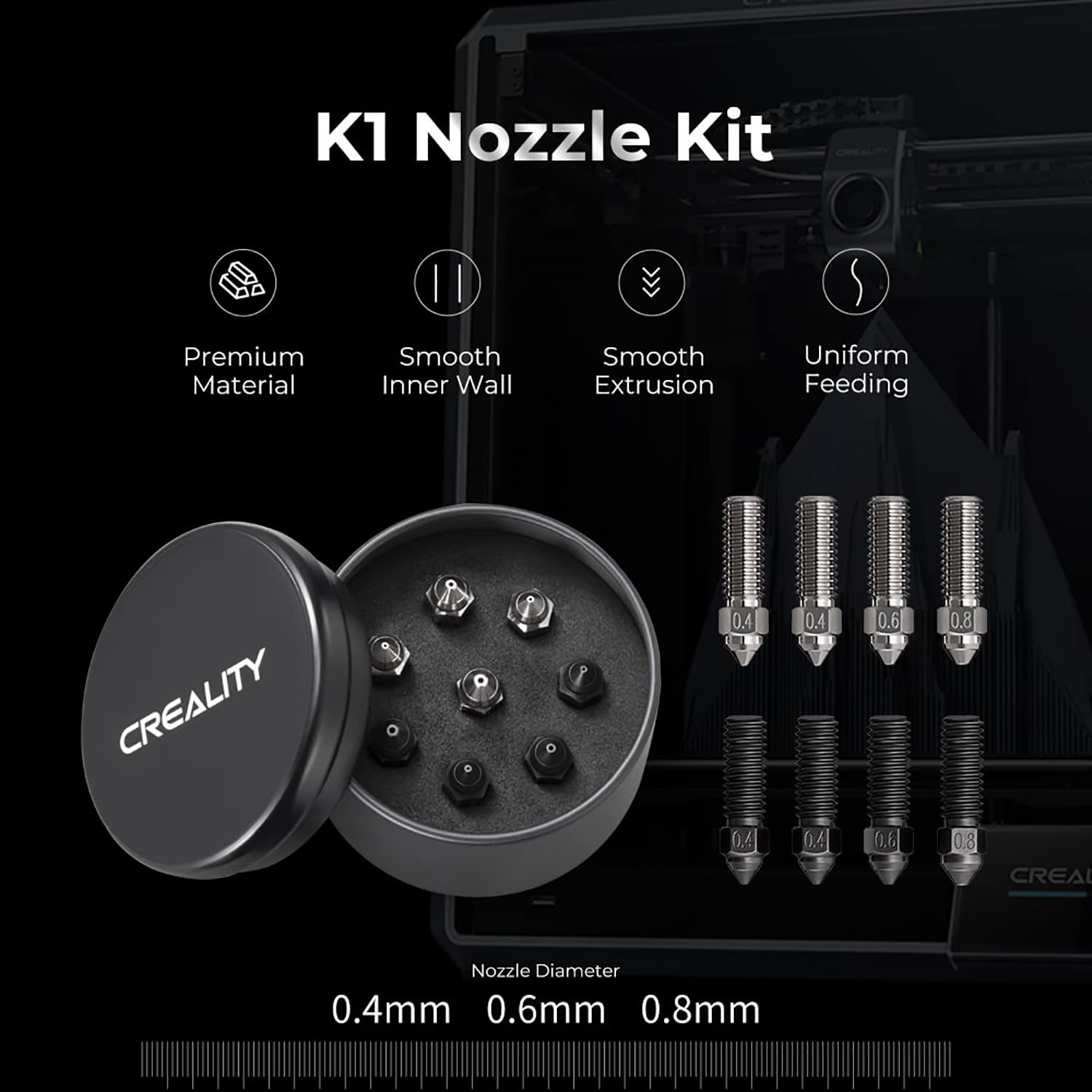 Creality Verbessertes K1-Düsen-Set, gehärtete Stahldüse und hochwertige gehärtete Kupferlegierung, Hochgeschwindigkeits- und Hochtemperaturdruck (500 ℃/450 ℃) Druck, 3D-Druckerzubehör für K1 & K1 Max