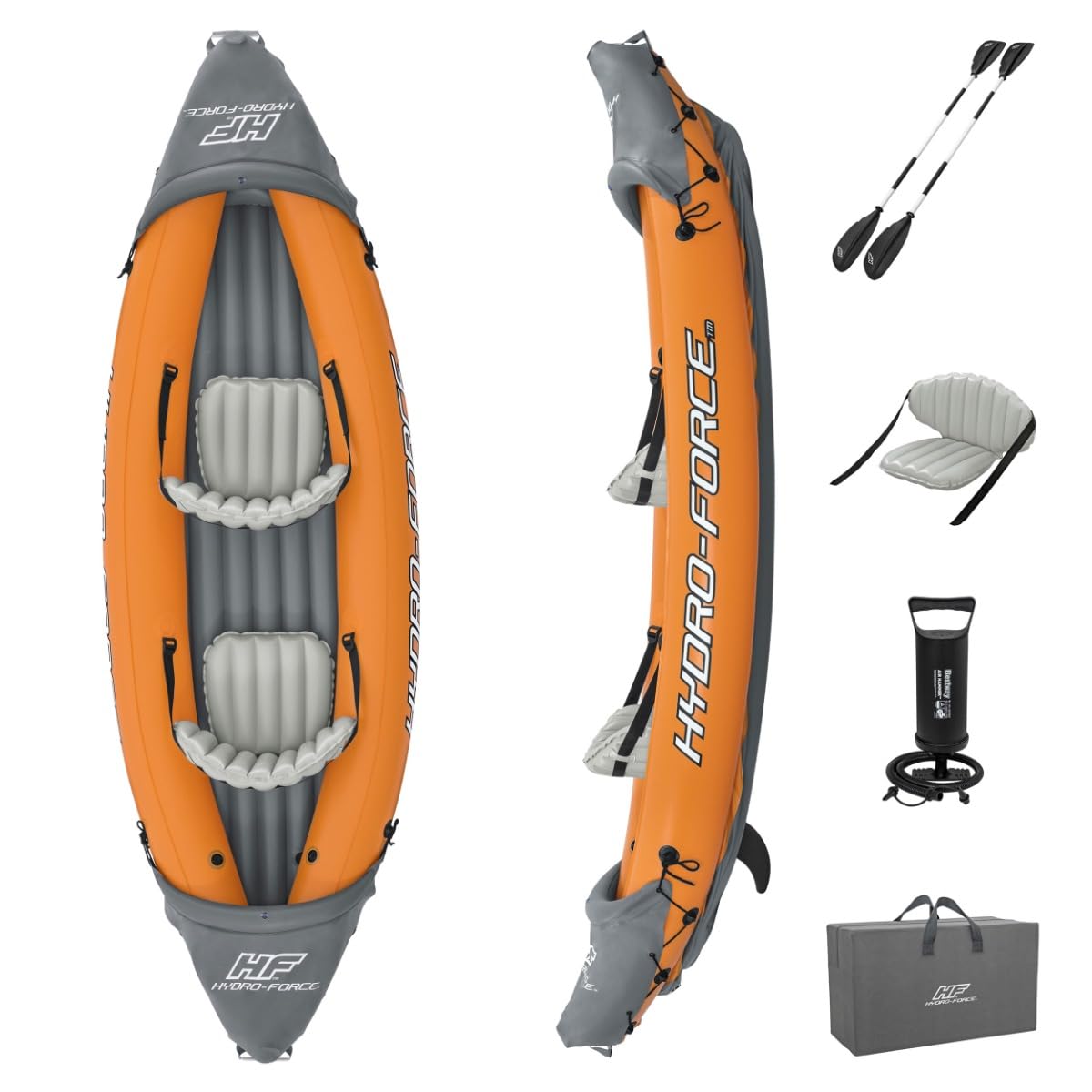 Hydro-Force Rapid Kayak | Juego de Kayak Inflable para 2 Personas con Asientos, Respaldo, remos, Bomba de Mano y Bolsa de Transporte, Naranja