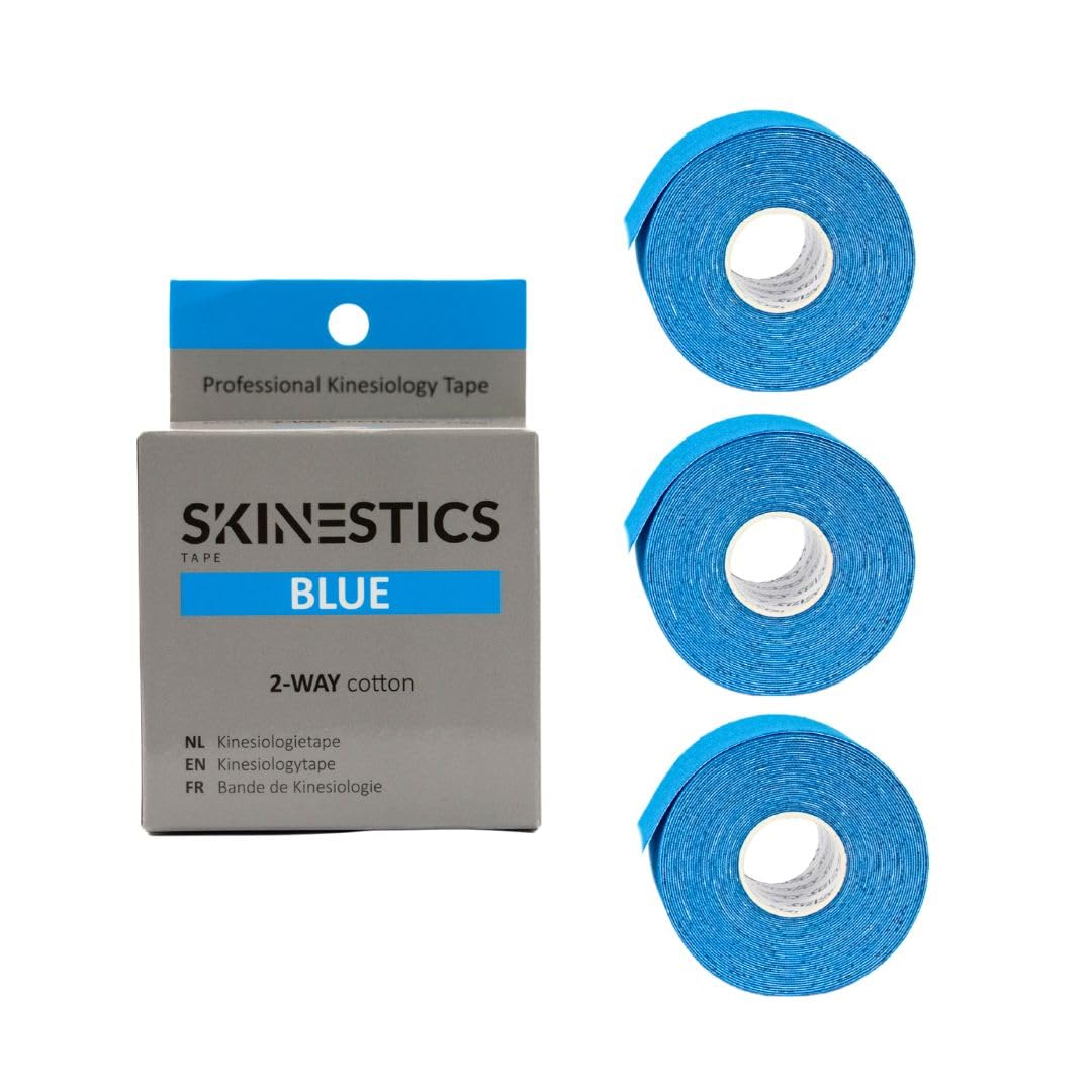 Skinestics | Bandes de Kinésiologie 4-Way Bleu | 3 Rouleaux | 600cm x 5cm | Genou, Cheville | K Tape, Strap Sport, Leukotape | Kinesio Tape & Bande Strapping Adhésif | Ruban Athlétique Élastique