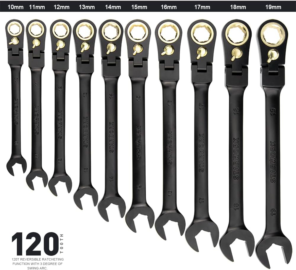 STARWORK TRUE MECHANIC™ 20 Pc. 120-Tooth Flex-Head Reversible Ratcheting Wrench Set, Combination Ratchet Wrench Set, Anti-Slip, Long Pattern, 6-Point, Professional, SAE/Metric