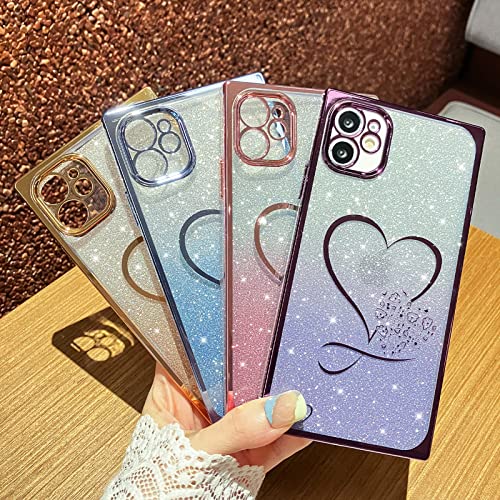 Lsl For Iphone 11 6.1" Square Glitter Phone Case, Luxury Plating Bling Clear Love Heart Design, Full Camera Lens Protector Anti-Scratch Shockproof Protective Case For Women Girls-Gold #TOP5