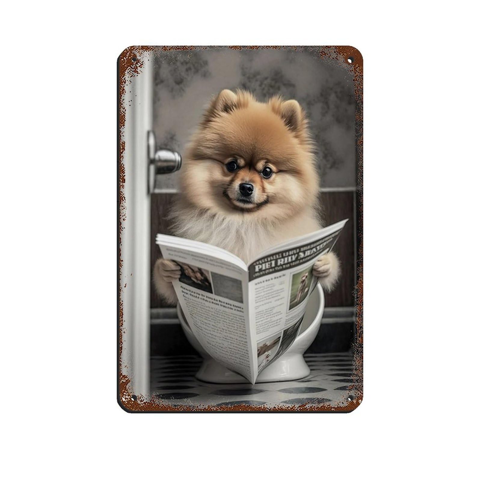 Pomeranian Sitting on The Toilet Reading A Newspaper Retro Poster Metal Tin Sign Chic Art Retro Iron Painting Bar People Cave Cafe Family Garage Poster Wall Decoration 8x12inch(20x30cm)