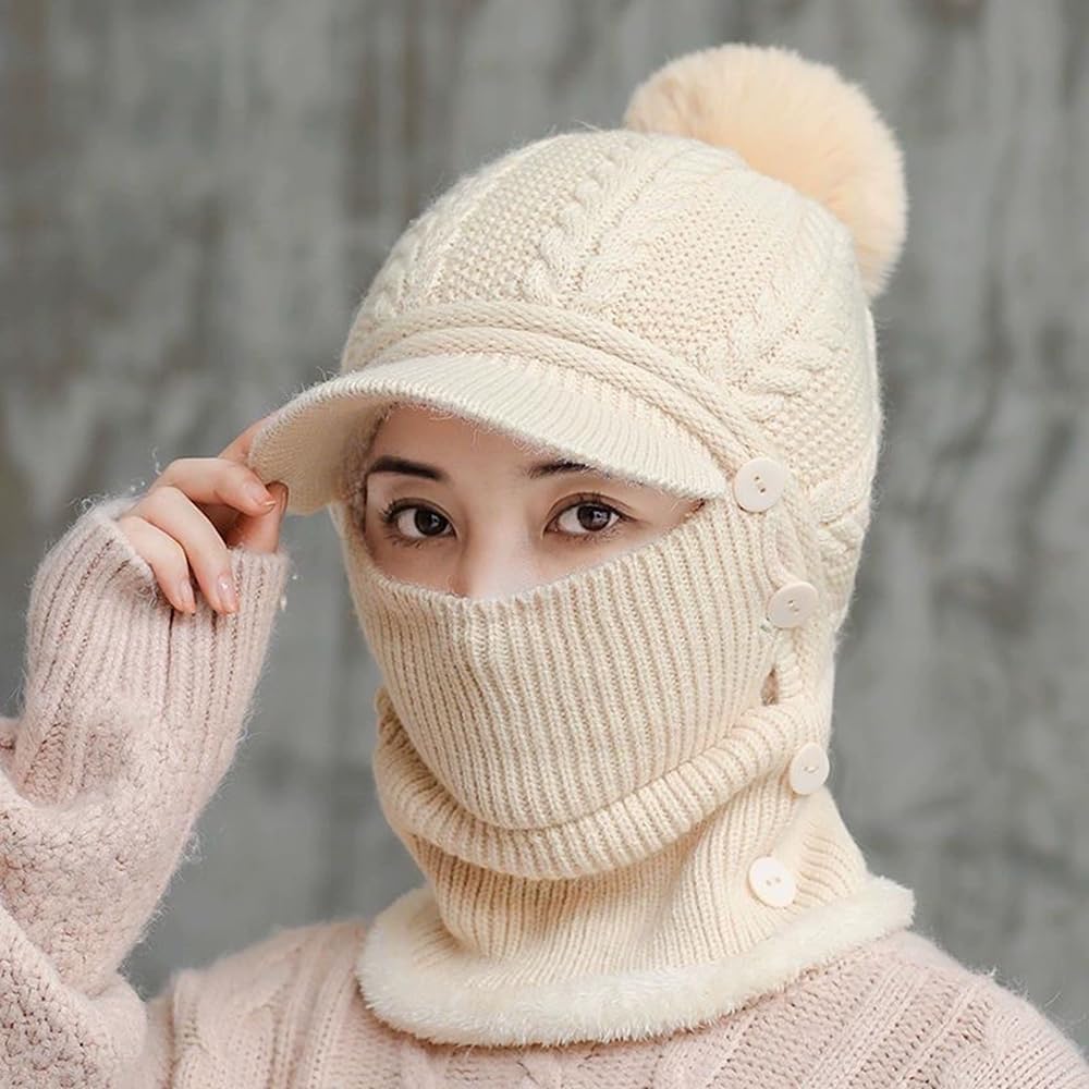 Winter Warm Elastic Soft Ear Protection Knitted Scarf Mask Hat Fleece Lined Beanie Hat one-Piece Hat for Women - Image 2