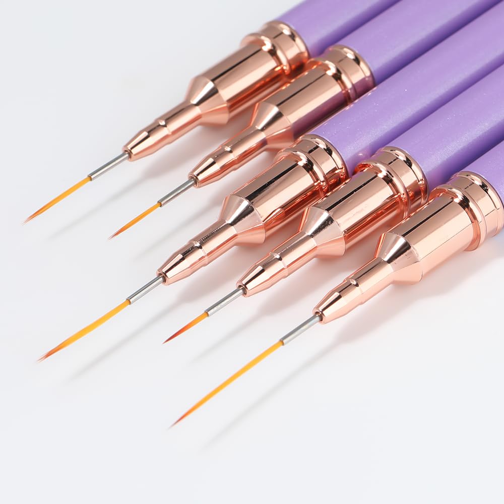 Professional Nail Art Liner Brushes - 5pc Set for Thin Lines Tiny Details Fine Drawing - Sizes 4