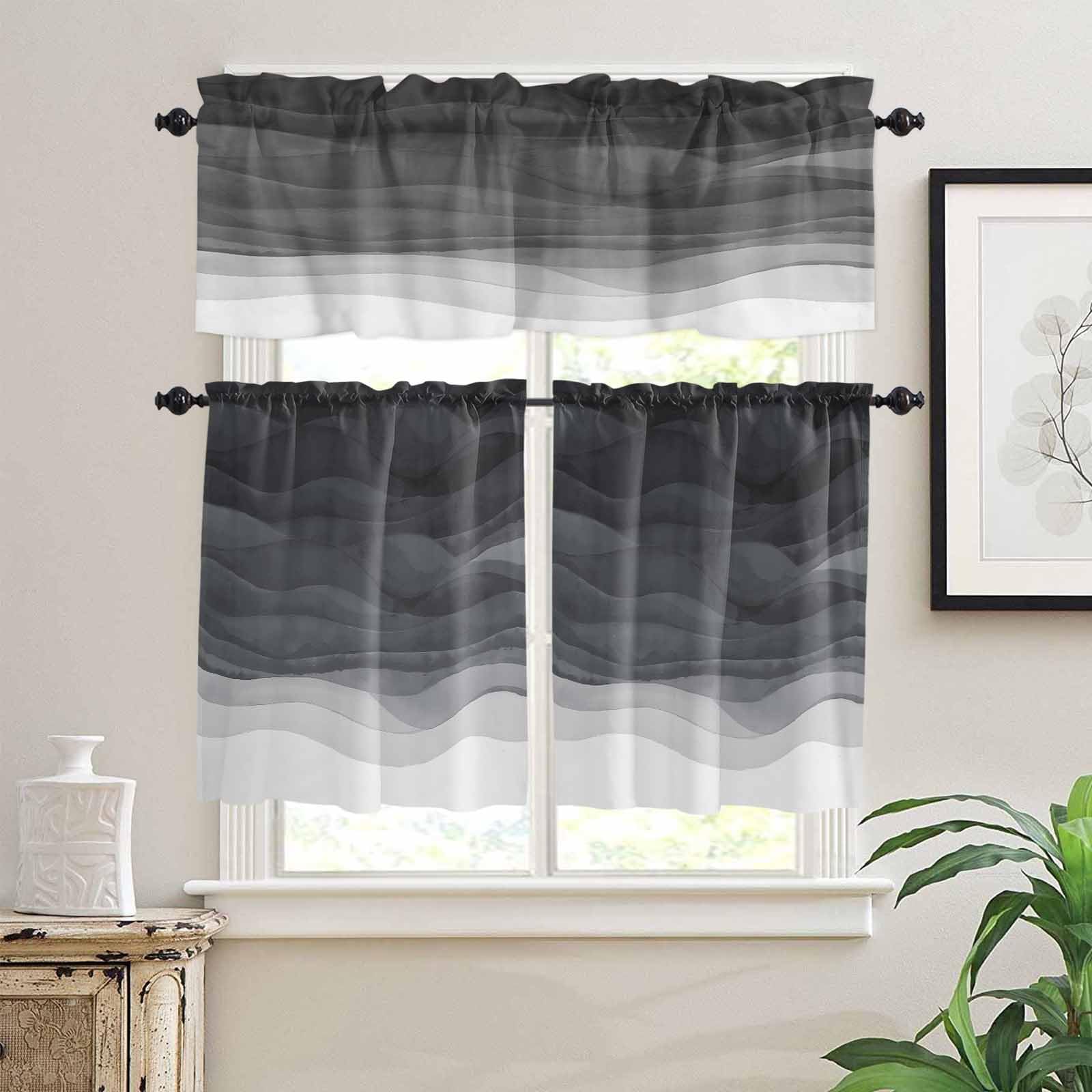 Gray Waves Kitchen Curtains 36 Inch Length, 3 Piece Rod Pocket Small Half Tiers and Valance Set, Ombre Coastal Ocean Water Abstract Small Large Window Treatment Decor for Bedroom/Bathroom Sink