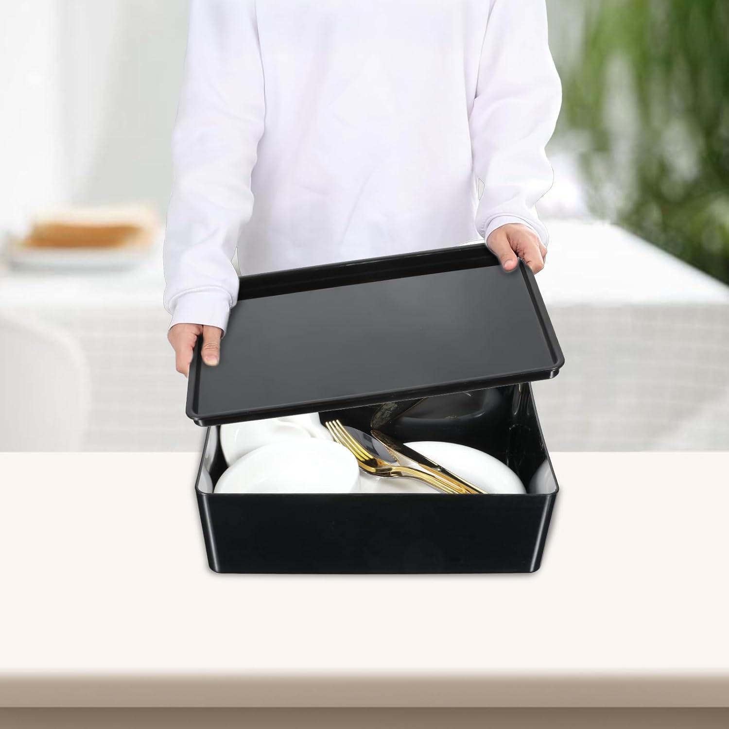 2 Pcs Multipurpose Stackable Storage Containers, 6.5x10 Plastic Bins With Lids, Black, For Home And Office Organization Food Service Bus Tubs