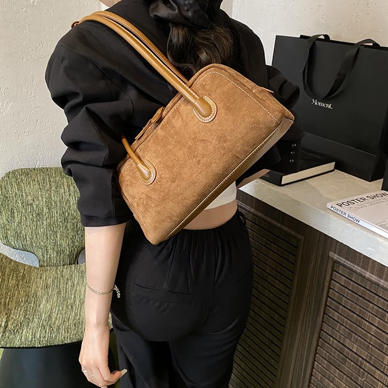Ladies Elegant Boston Bag Solid Color Mini Shoulder Bag Suede Leather Versatile Handbag Work Commute Shopping Party Bag2