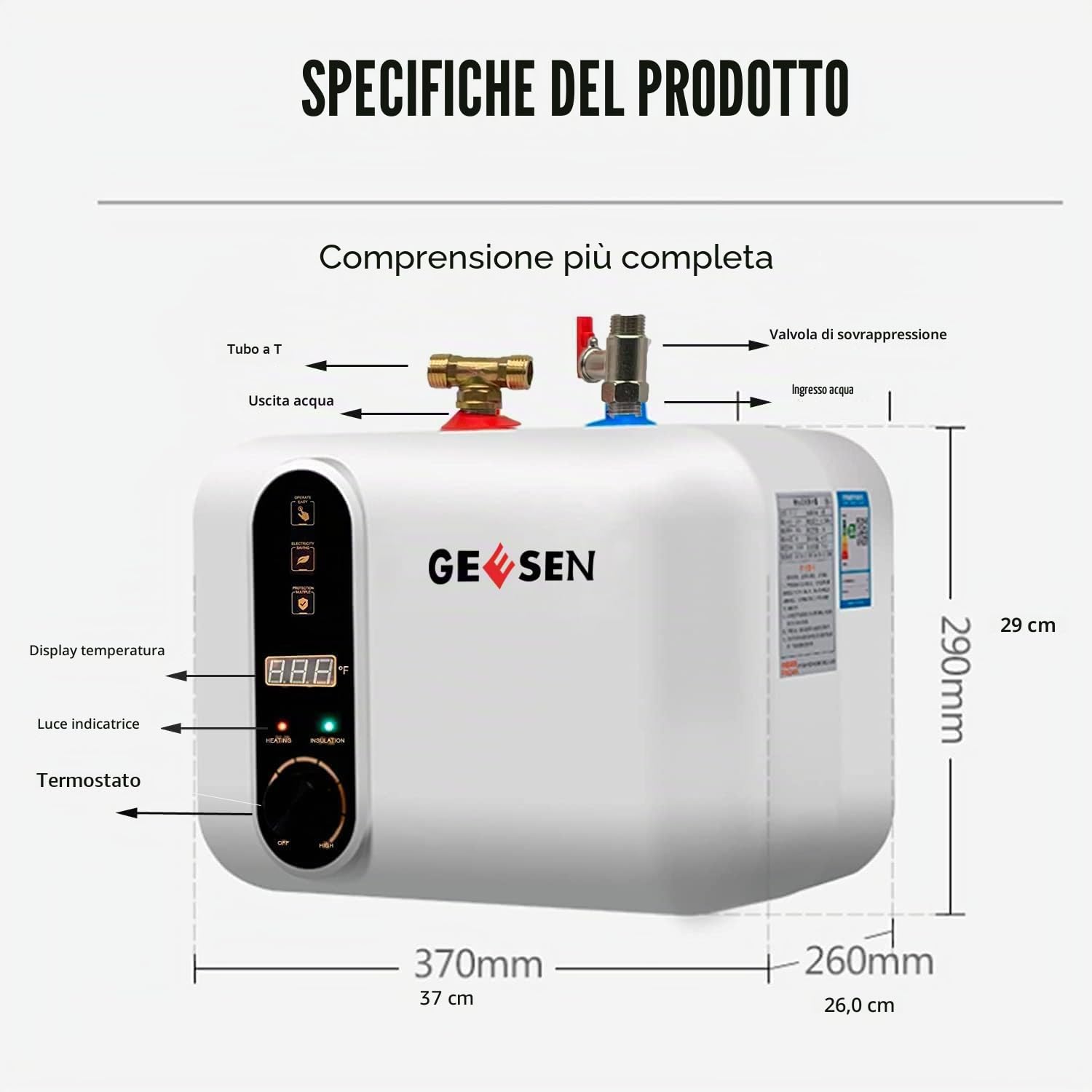 Scaldabagno elettrico GEESEN, piccolo e compatto, serbatoio di accumulo, per camper, roulotte, 240 V, lavello da cucina, istantaneo, sottopiano [classe energetica A] (3 galloni)