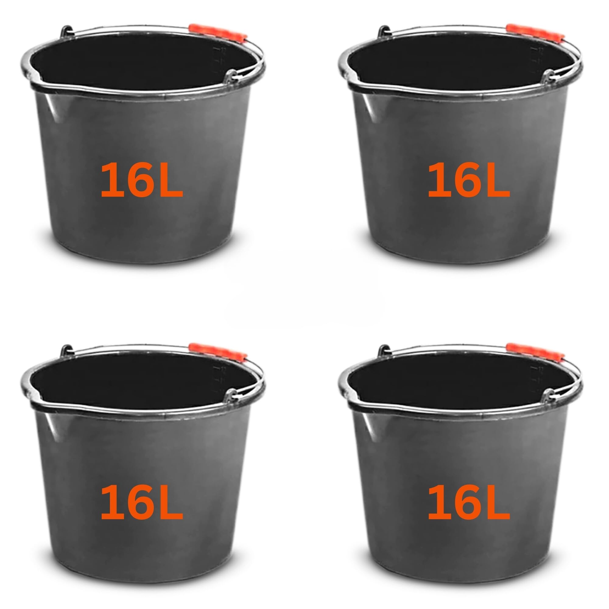 MYPURECORE Set of 4 Large 16L (4.2 Gallon) Black Plastic Buckets with Handles - Sturdy Multipurpose Containers with Measuring Scale - Ideal for Builders, Car Washes, Bathroom, Home & Garden. (4)