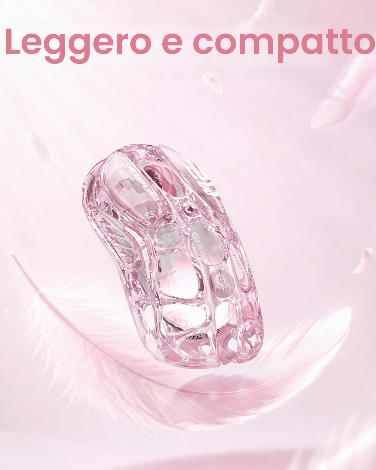 GravaStar Mercury M2 Mouse Gaming Wireless, 78 g, Crystal Rose | Mouse da Gioco Senza Fili Bluetooth Sensore PAW3395 da 26.000 DPI, Design Traforato, 5 Pulsanti Programmabili e LightSync RGB