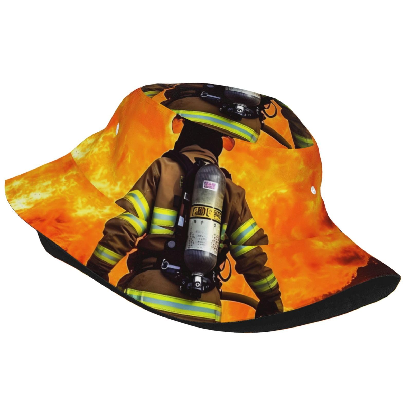 Unisex Cute Bucket Hat Summer Travel Fisherman Cap Firefighter Fireman Flame Beach Travel Sun Hat Outdoor Cap Black