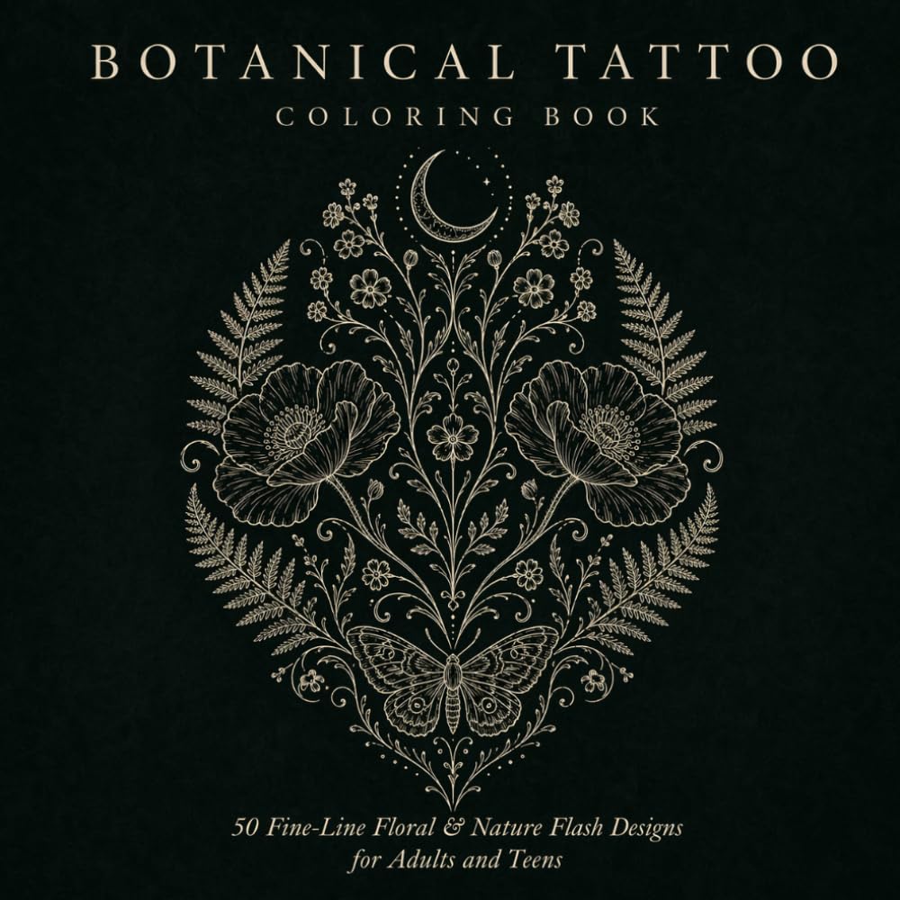 Botanical Tattoo Coloring Book: 50 Fine-Line Floral & Nature Flash Designs for Adults and Teens