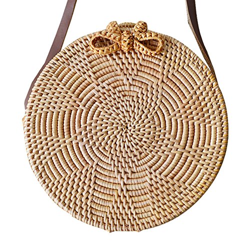 HUVE Bohemia manual Rattan tejida a mano redondo pequeño Bowknot girasol patrón bolso de playa Retro tejida circular trenzado bolso de paja Organizador del bolso