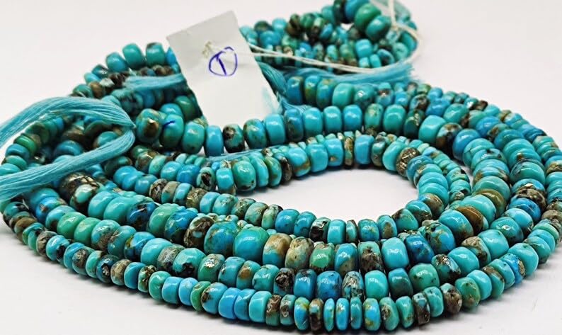 Natural Turquoise Beads, Genuine Arizona Kingman Turquoise Smooth Polished Rondelle Flat Round Loose Gemstone Beads4