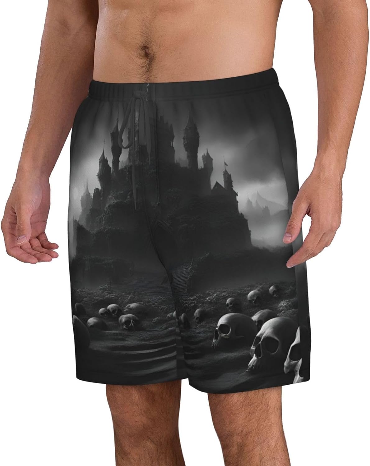 Mens Black and White Skulls Print Beach Shorts,Casual Summer Shorts for Men,Quick Dry Polyester