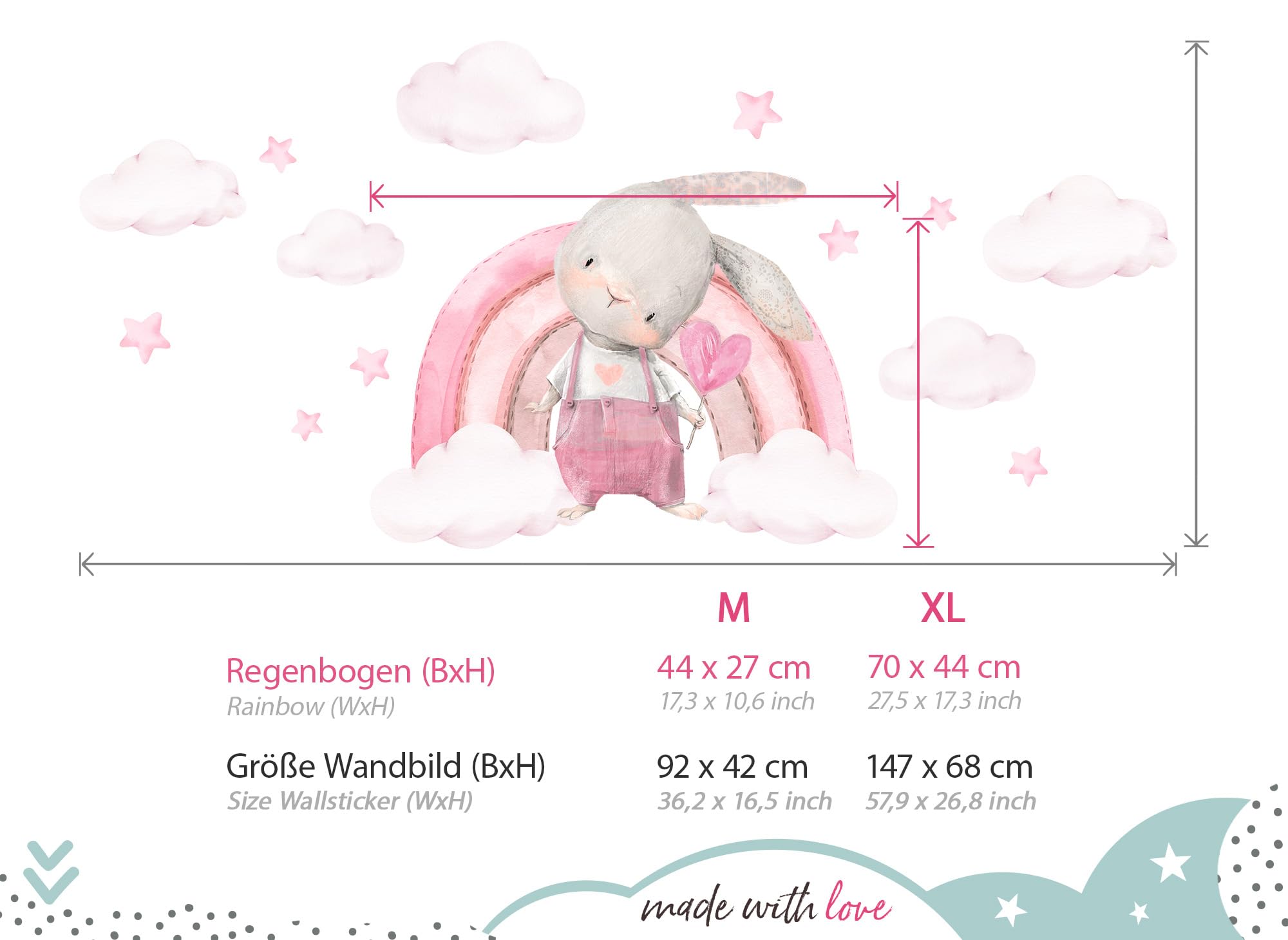 Little Deco DL826-4 - Adesivo da parete per cameretta dei bambini, motivo: arcobaleno e coniglietto rosa