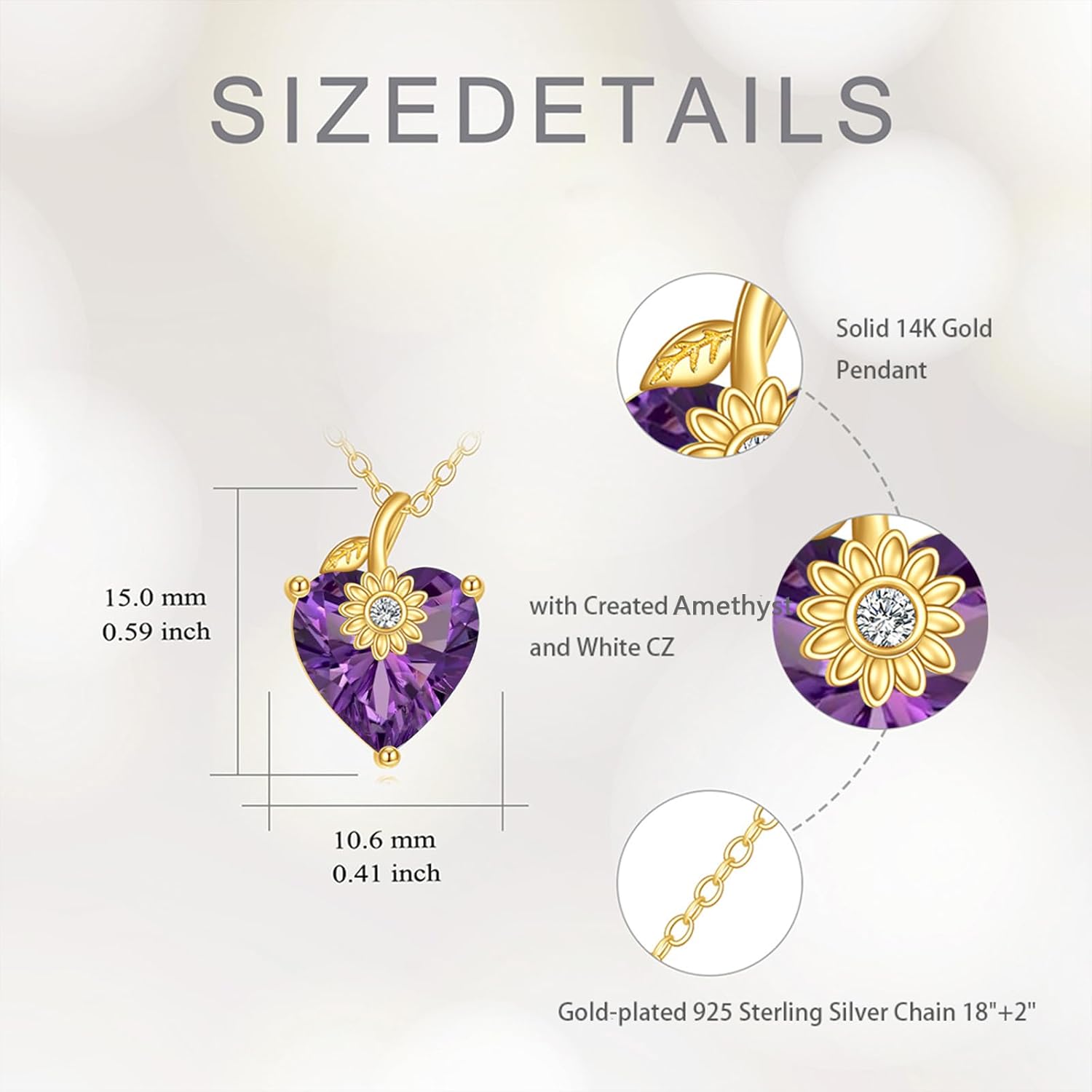 14K Solid Gold Heart Birthstone Necklace 3 Carat Created Gemstone Sunflower Pendant Necklaces Fine Jewelry Gifts for Women, Sterling Silver Chain 18"+2" Extender - Image 5