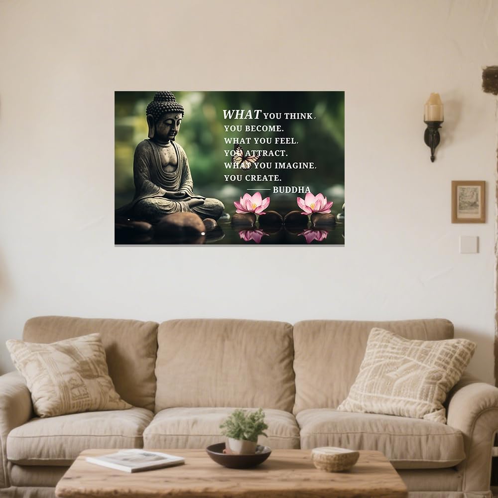 ZXHYWYM Buddhist Motivational Quotes Wall Art Canvas Prints Buddha Lotus Painting Zen Bathroom Pictures for Office Home Spa Yoga Room Wall Decor Framed (12" x 18")