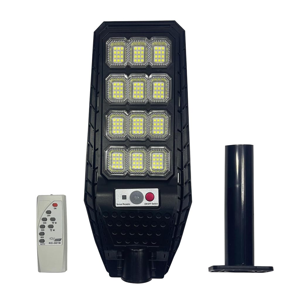 Lampione Solare 200W Con Palo e Telecomando Faro Faretto Esterno Staffa Luce Bianco Freddo 6500K Con Sensore Di Movimento e Crepuscolare, 144 Led, Giardino Strade Balconi 2 Pezzi