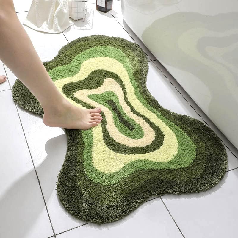 Alfombra de baño de contorno suave, alfombra ondulada verde degradado, absorbente, antideslizante, tapete de baño de microfibra lanudo lavable a