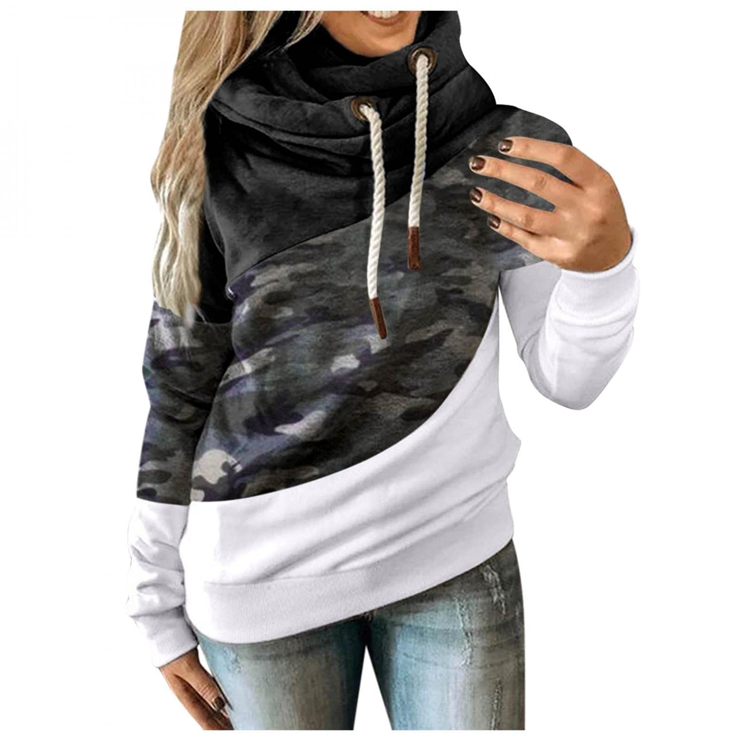 Womens Cowl Neck Pullover Hoodie Casual Color Block Long Sleeve