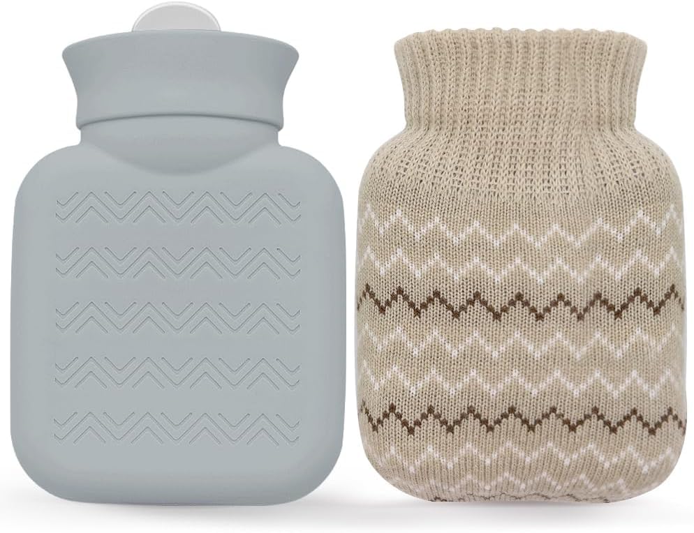 320ml Hot Water Bottle with Knited Cover Mini Hot Water Bag for Pain Relief Waist Back Neck Shoulders Small Leak Proof Hot Water Bottle with Removable Cover for Women Kids Best Gifts (Gray)