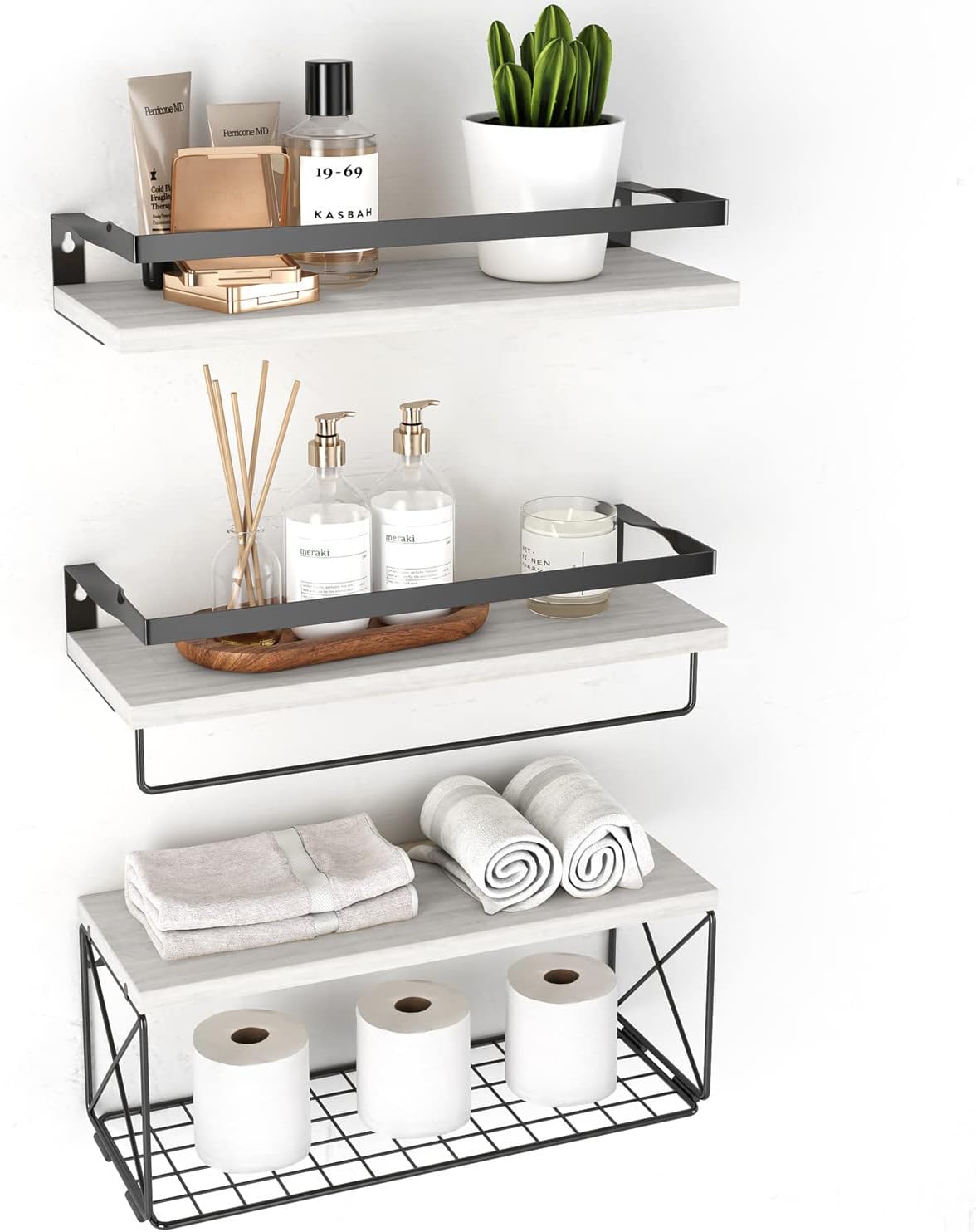 Hoiicco Floating Shelves with Wire Storage Basket, Rustic Bathroom