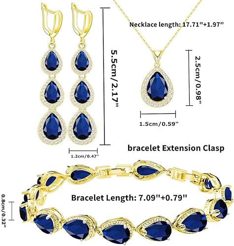 Miniatura 6 de LMXXVJ Juego de collar y aretes largos, chapados en oro blanco, juego de joyas de zafiro azul creado, joyería de regalo para boda, fiesta, joyería