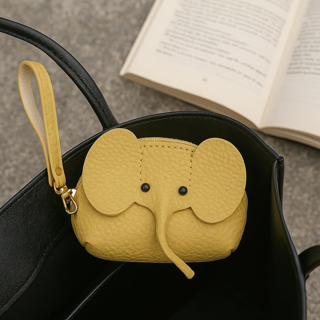 Coin Purse - Leather Keychain Wallet with Zipper for Cards & Cash (Yellow)