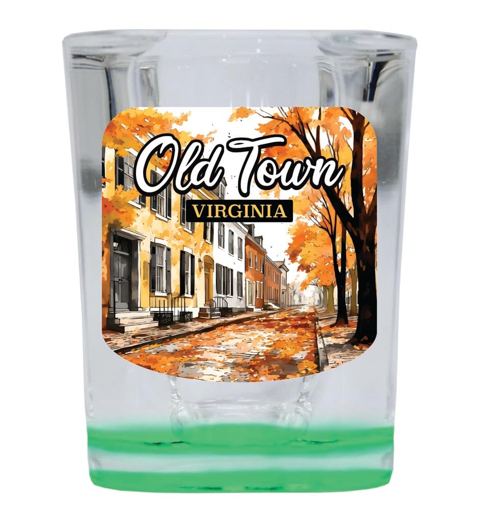 R and R ImportsOld Town Alexandria Virginia Autumn Leaves Design Souvenir 2 Ounce Shot Glass Square Green Base Single