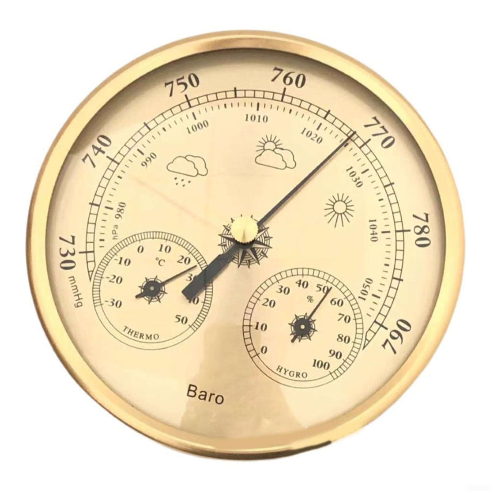Gettimore Metal 3 in 1 Barometer with Thermometer and Hygrometer Indoor Outdoor Use Gold 130mm for Dial