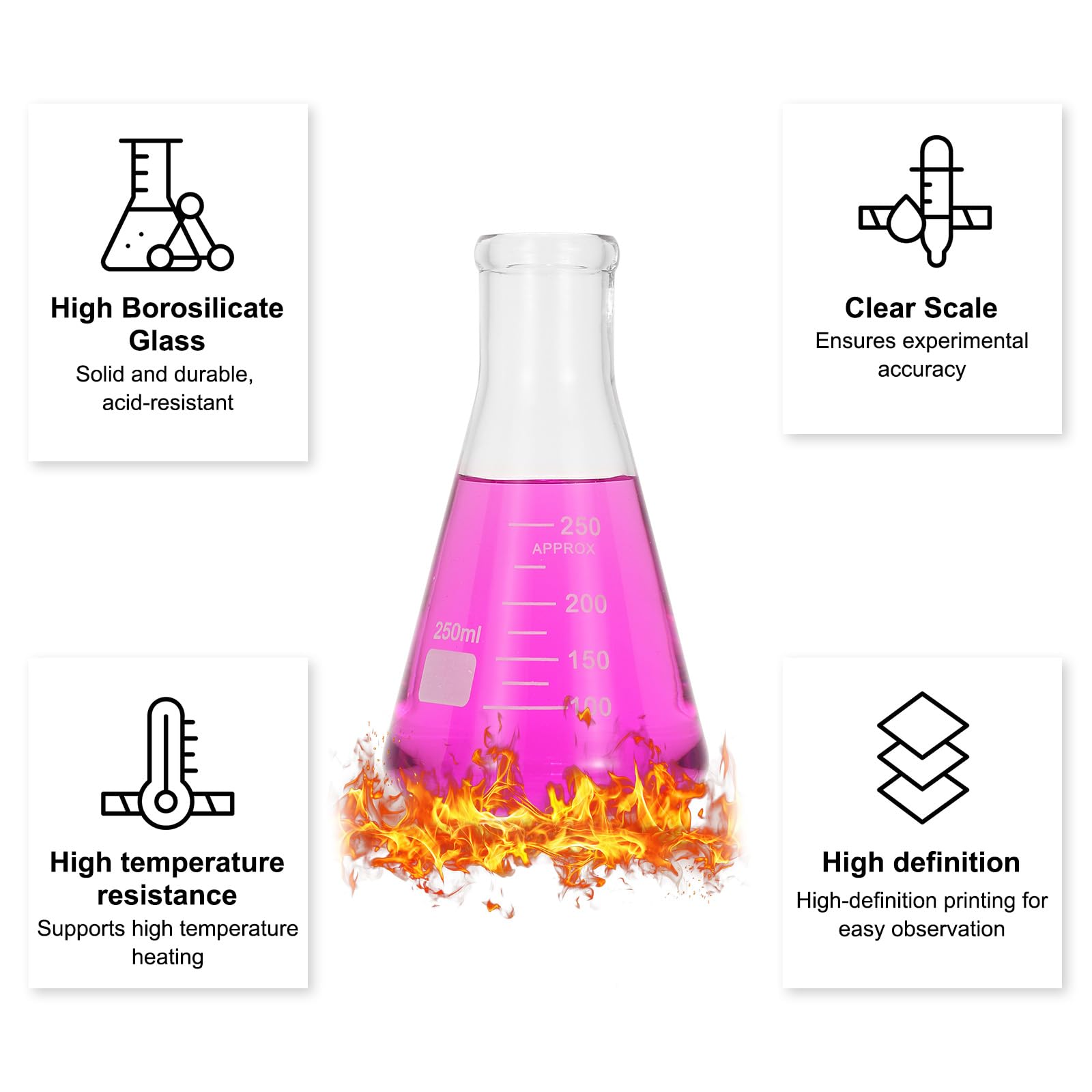 PATIKIL 8 Stück Erlenmeyerkolben 250ml 8oz Schmalhals Messkolben | Borosilicatglas, Mit Aufgedruckter Skala, Für Laborversuche Chemie Wissenschaftliche Studien