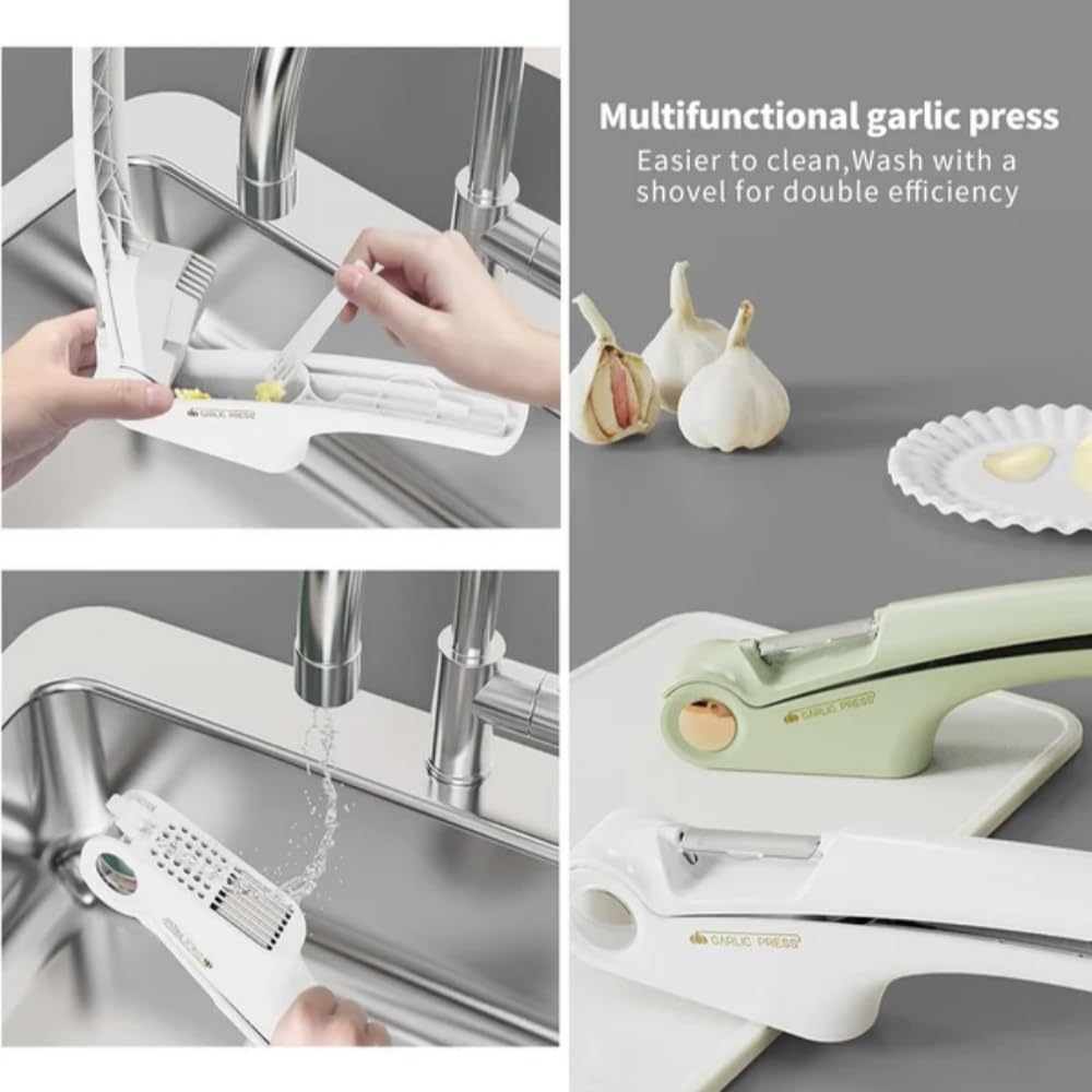 2-in-1-Knoblauchpresse, Knoblauchpresse aus Edelstahl, Knoblauchschäler und Knoblauchreinigungswerkzeug, leicht zu drückender Knoblauchschneider, ergonomischer Griff, rostfrei, Spülmaschinen-Knoblauch