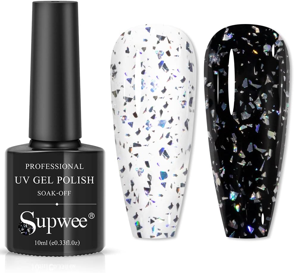 SUPWEE Glitter Gel Top Coat Clear 10ml No Wipe Top Coat Glitter Gel Nail Polish Silver Sequin