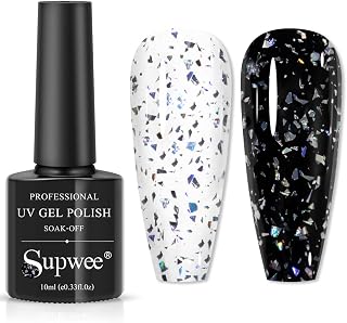 SUPWEE Gel Top Coat Glitter 10ml No Wipe Top Coat Glitter Nail Polish Gel Silver Sequin Transparent Gel Polish Shimmer Sparkle Clear Top Coat Gel Shiny Iridescent Soak Off UV/LED Gel Nail Art Manicure