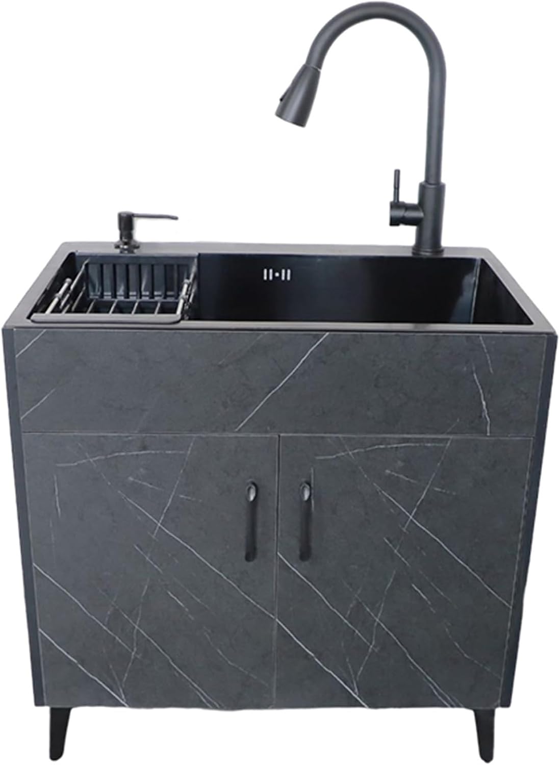 Laundry Room Sink with Cabinet, Bathroom Vanity Cabinet with Sink, Stainless Steel Tub Hand Washing Station, with Pull-Down Faucet, Storage Compartment, for Indoor Outdoo(Black,75x45x78cm)