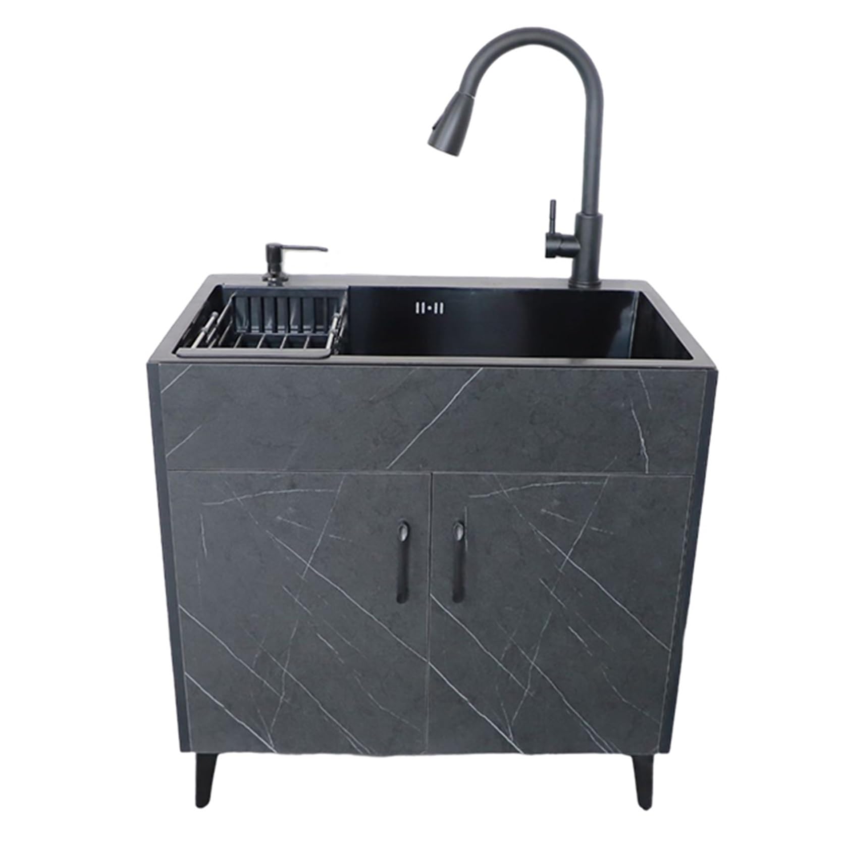 Meuble de salle de bain avec lavabo en acier inoxydable et robinet rabattable multifonction